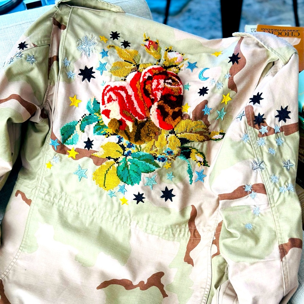 Upcycled embroidered vintage camo military jacket by The Falls
